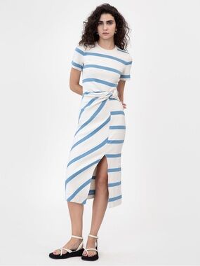 Tanya Taylor short sleeve striped Cody dress in blue & cream stripe - size large